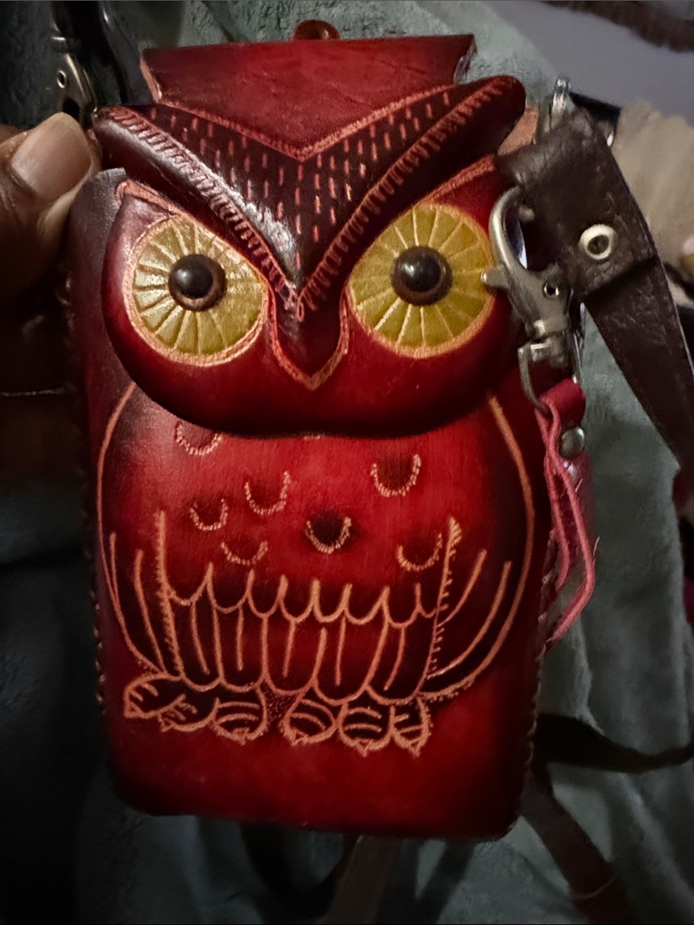 Red Handcrafted Leather Owl Wristlet Crossbody Bag / Phone Case Wallet.